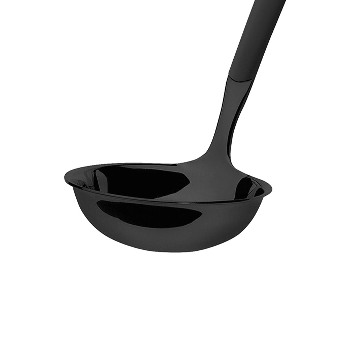 Schwarze Suppenkelle mit langem Griff.