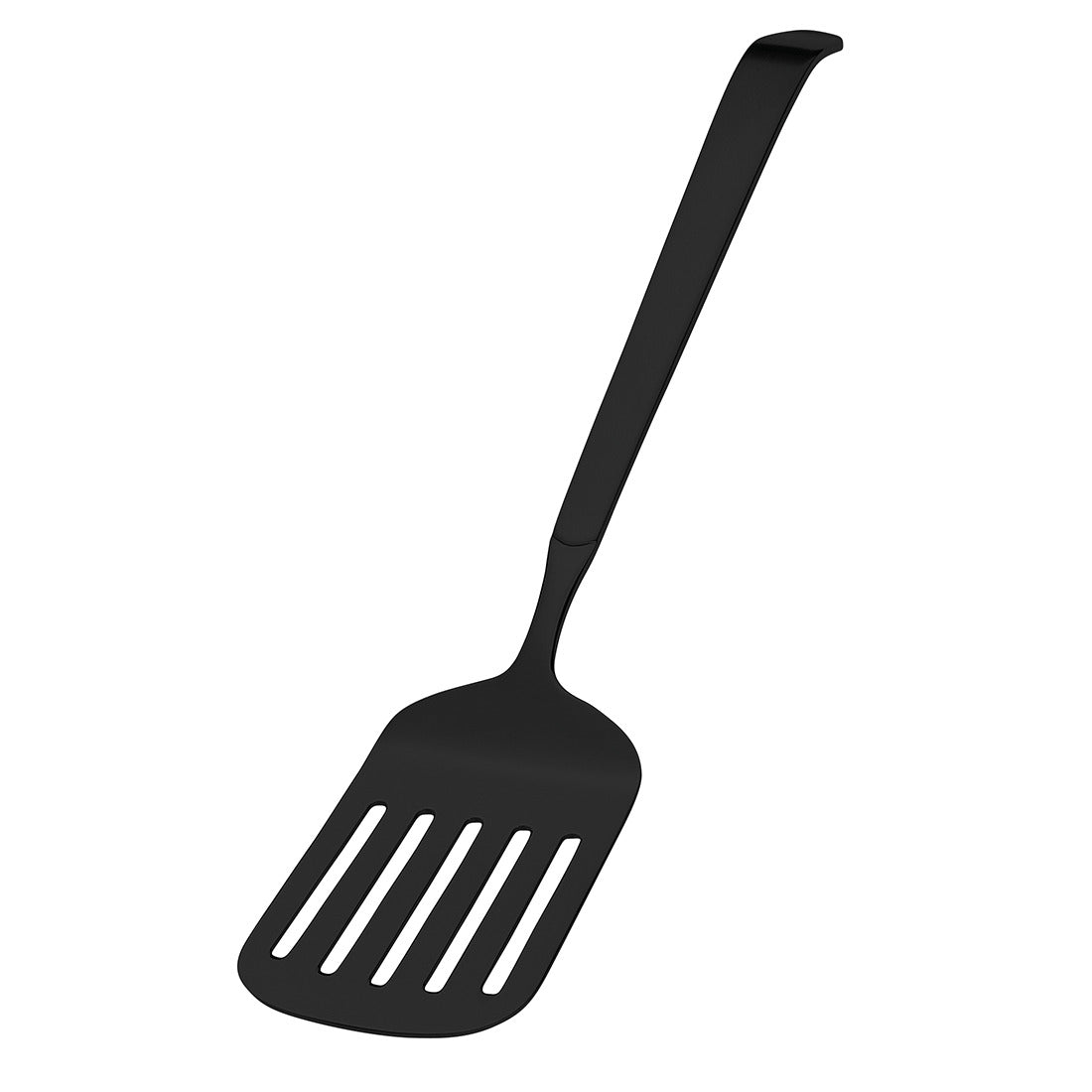 Schwarzer Pfannenwender mit Schlitzen.