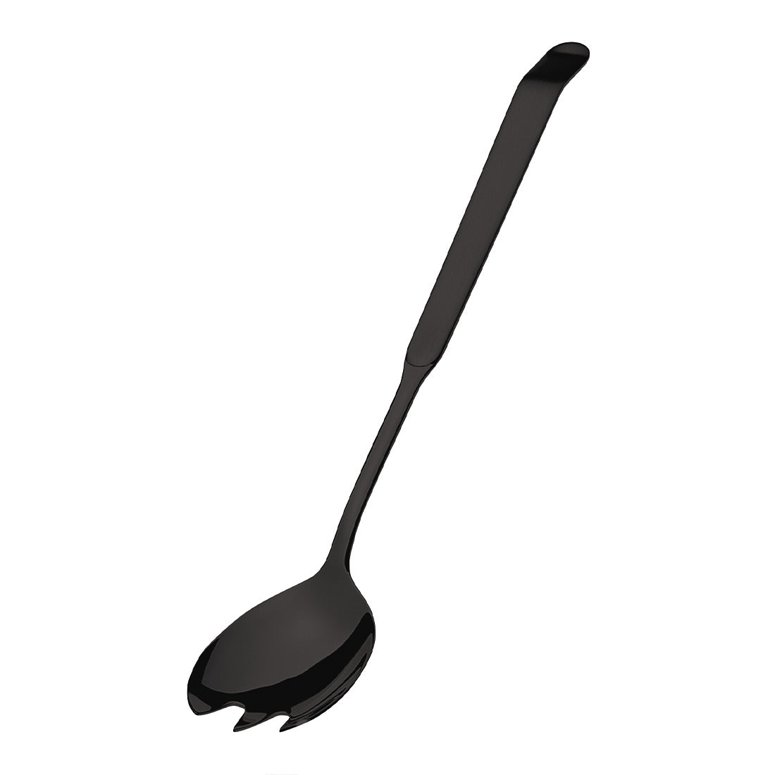Schwarzer Servierlöffel mit Zinken.