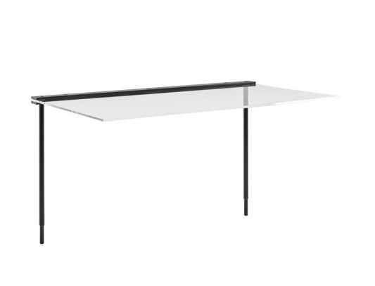 Transparente Tischplatte mit schwarzen Beinen.