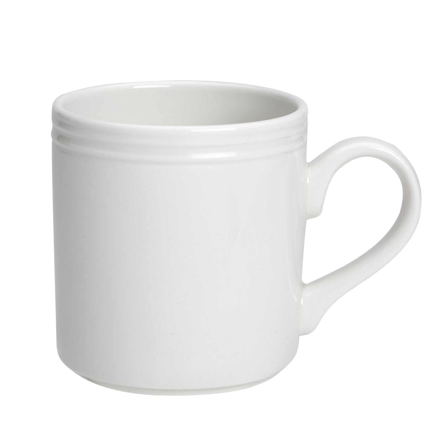 Weiße Tasse mit Henkel.