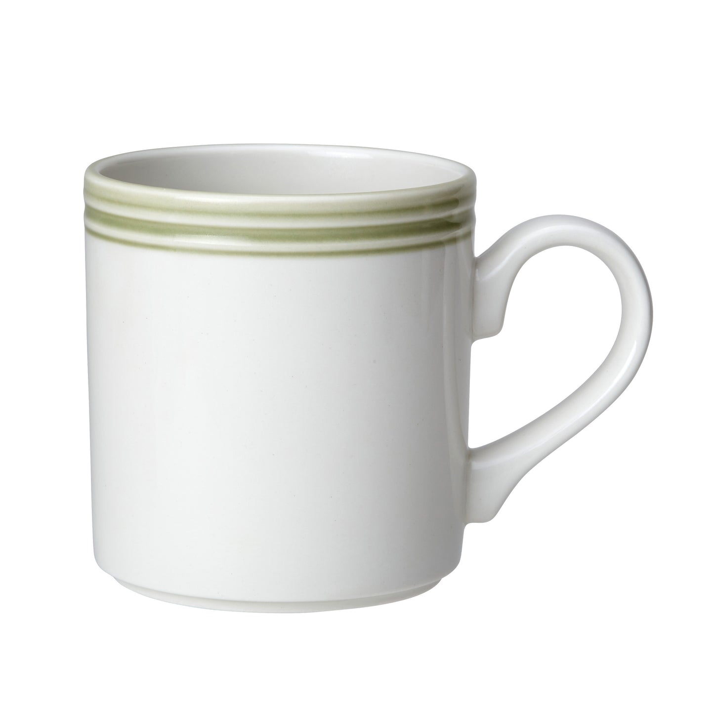 Weiße Tasse mit grünem Rand.