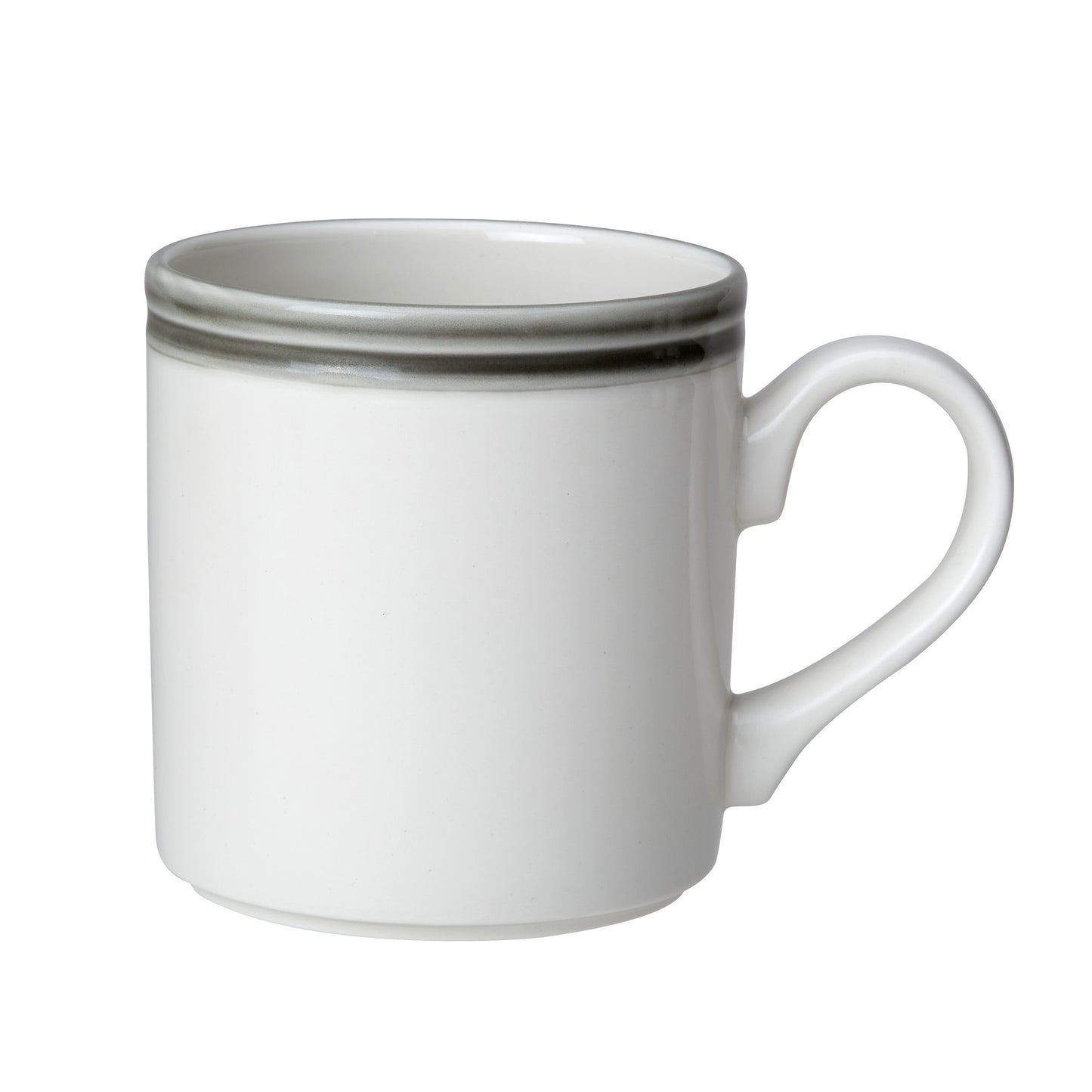 Weiße Tasse mit grauem Rand.