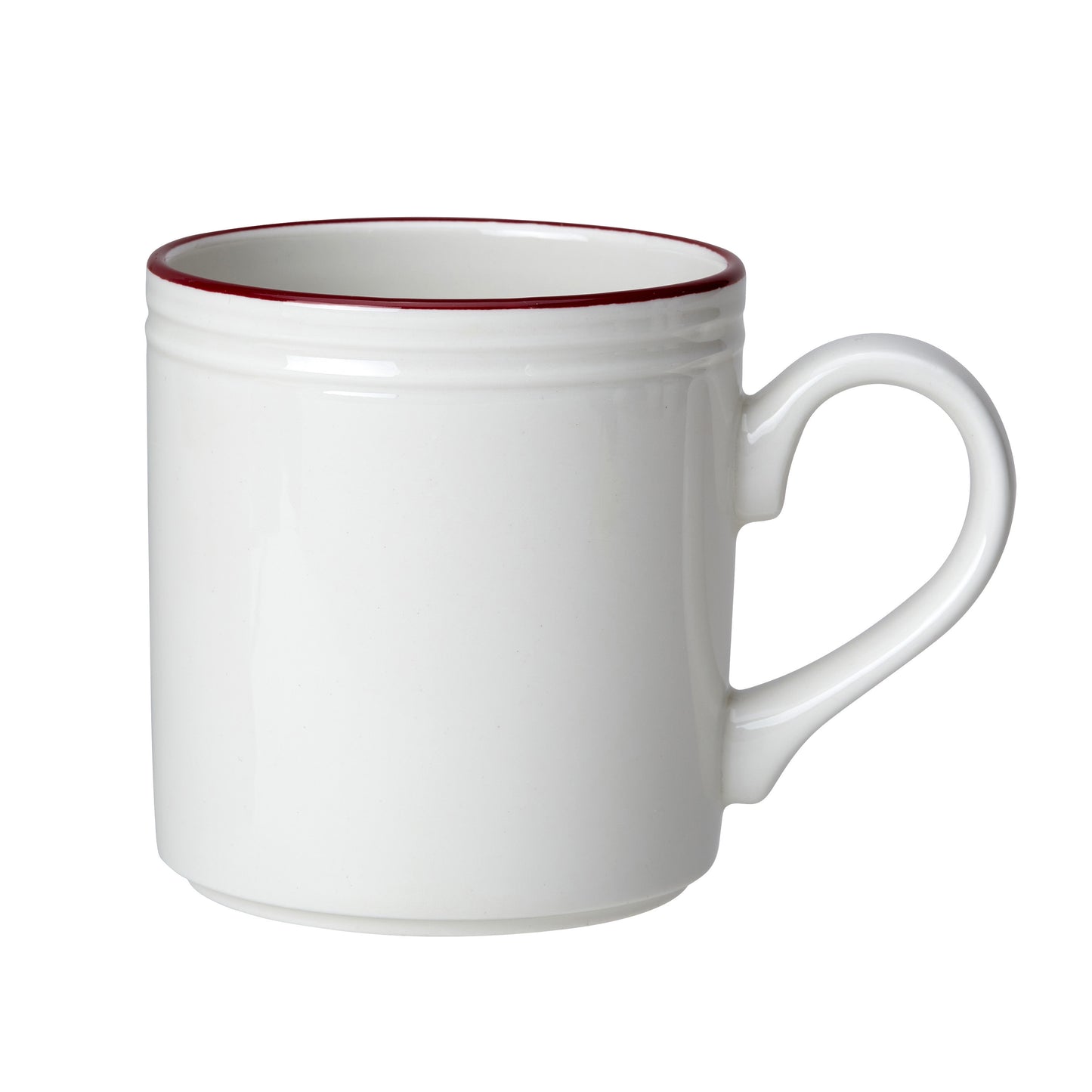 Weiße Tasse mit rotem Rand.