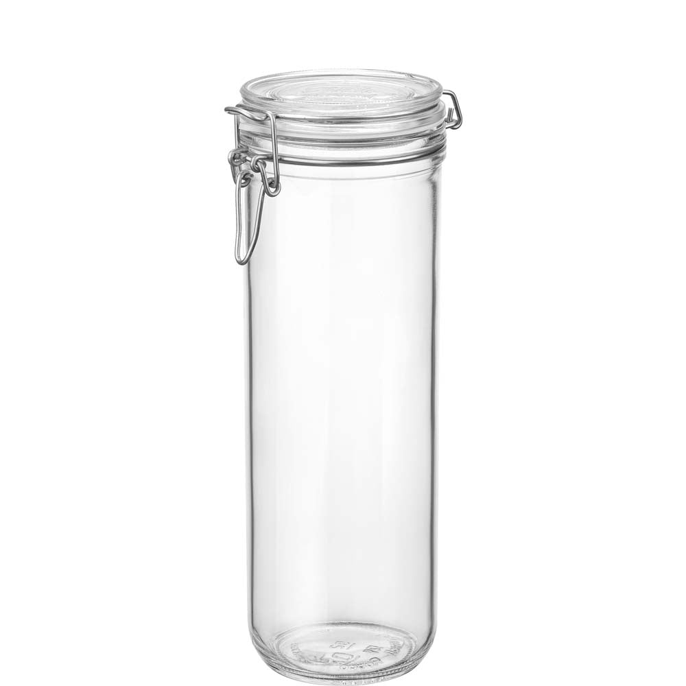 Verschließbares Glasgefäß, zylindrisch, transparent.