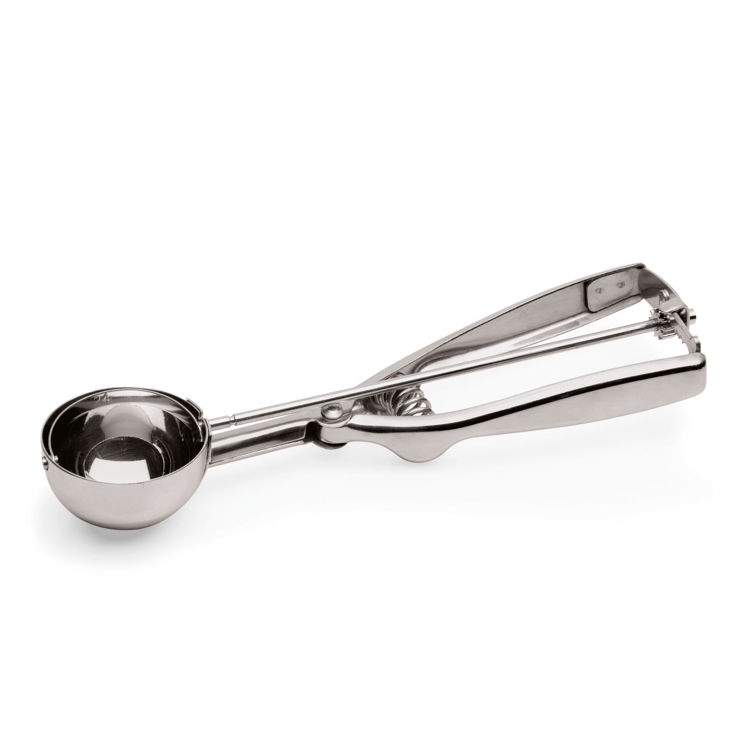 Edelstahl-Eisportionierer auf weißem Hintergrund.