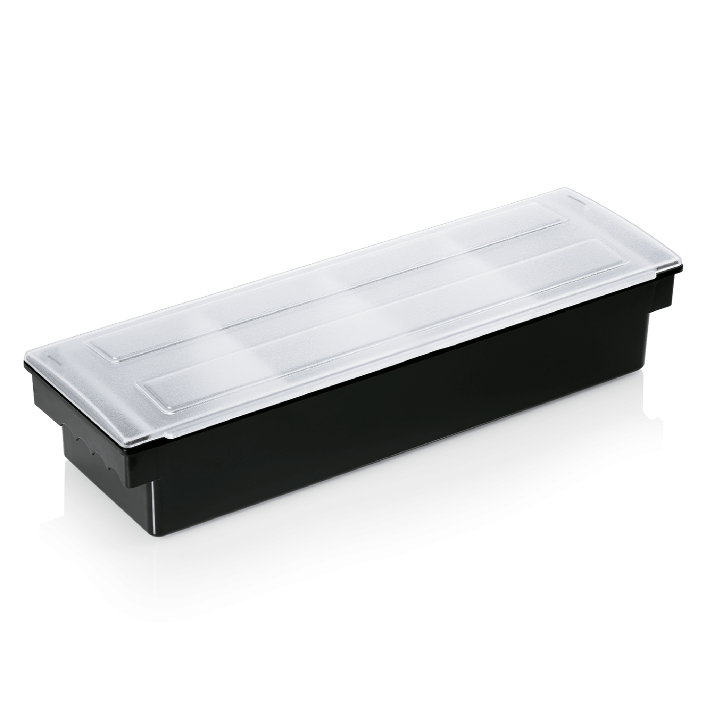 Schwarze Box mit transparentem Deckel.