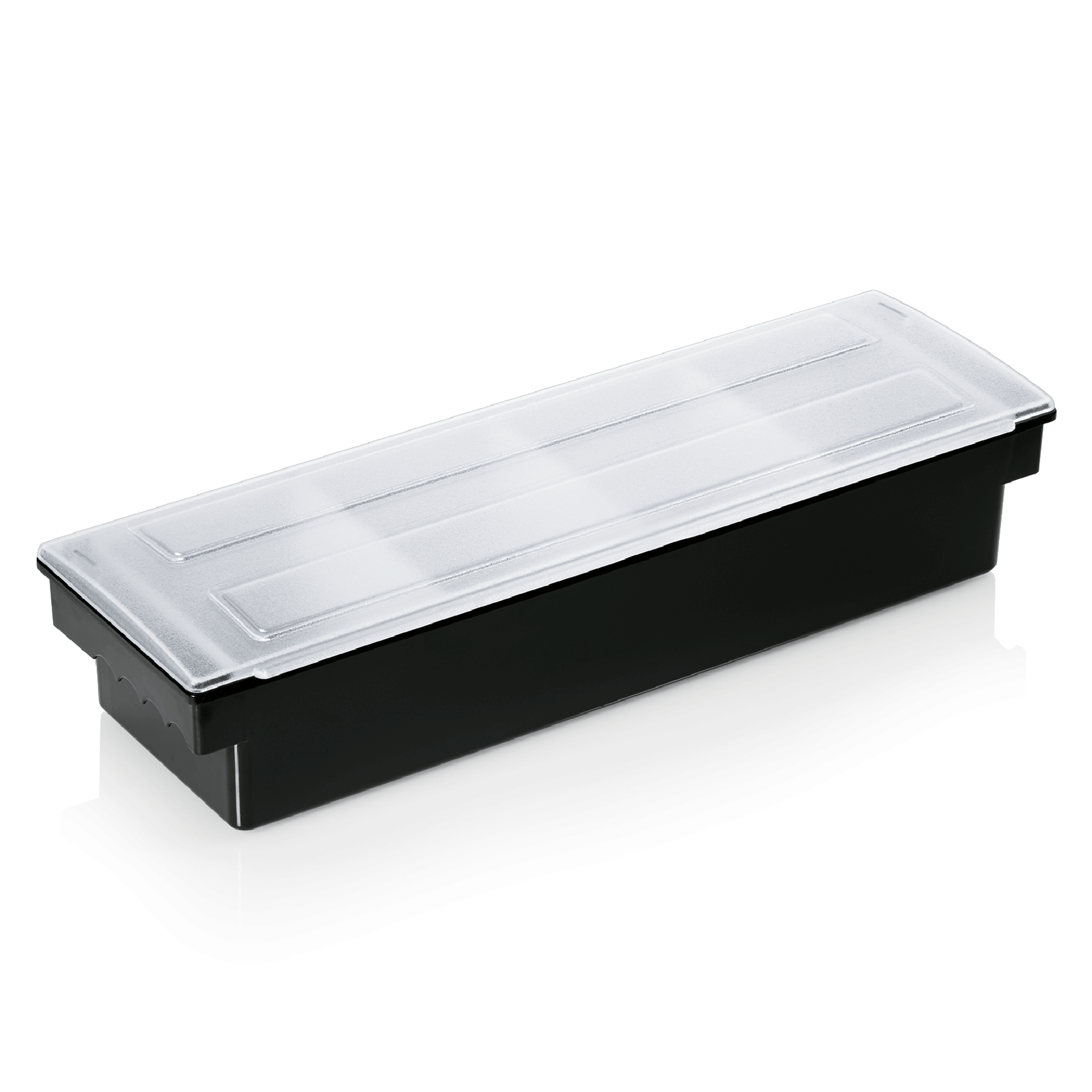 Schwarze Box mit transparentem Deckel.