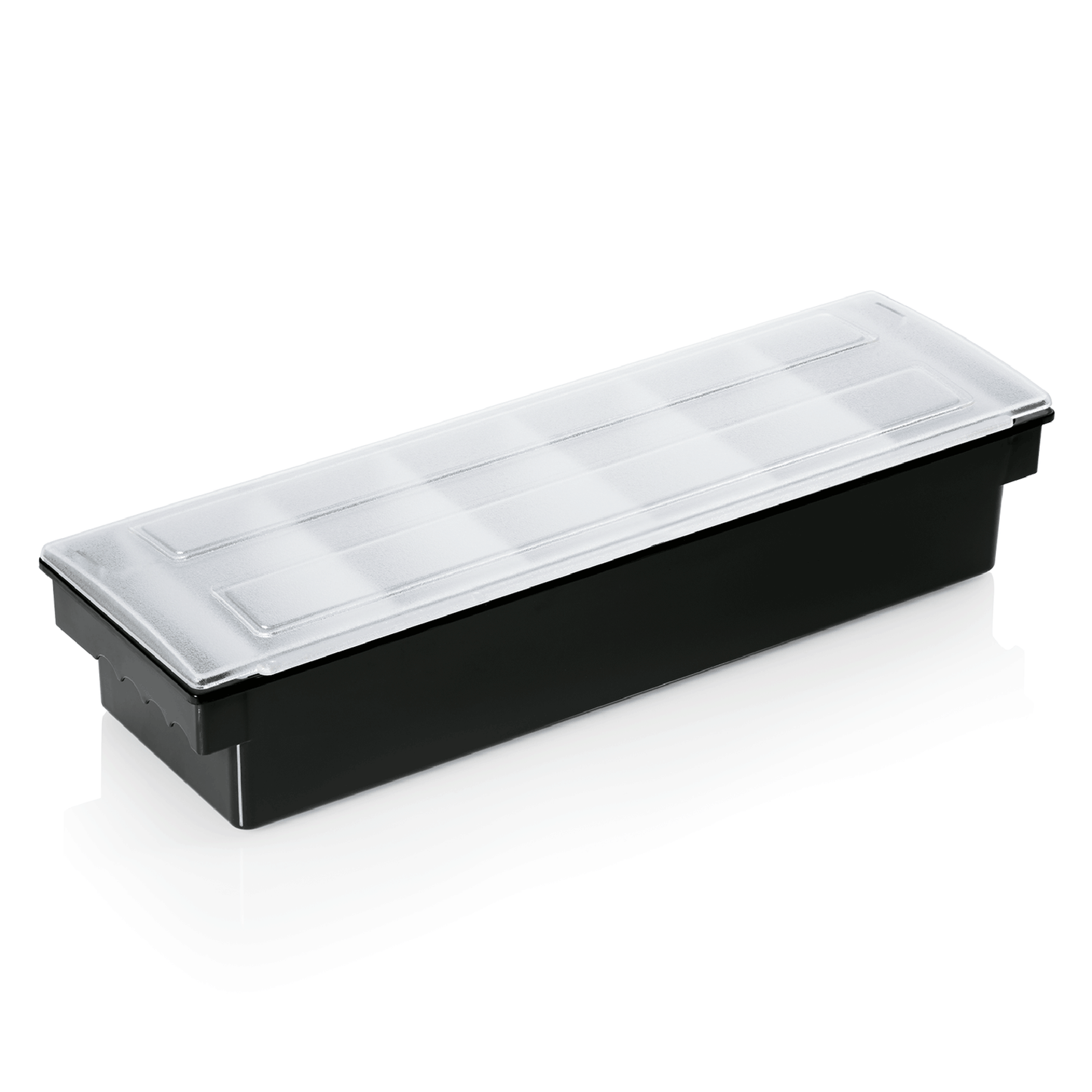 Schwarze Box mit transparentem Deckel.