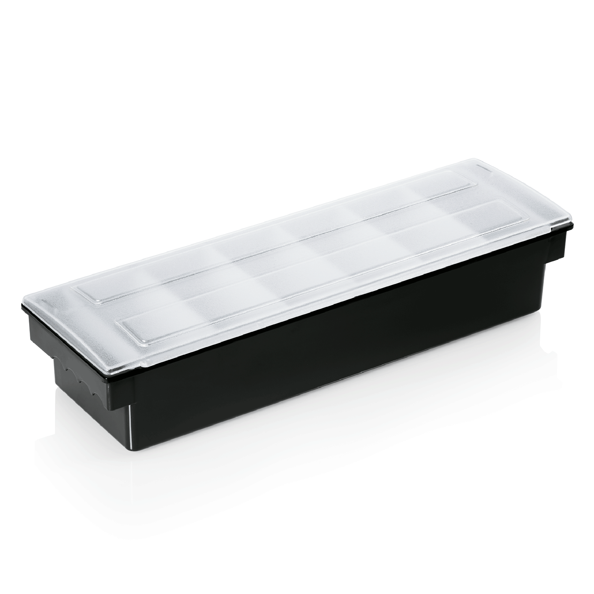 Schwarze Box mit transparentem Deckel.