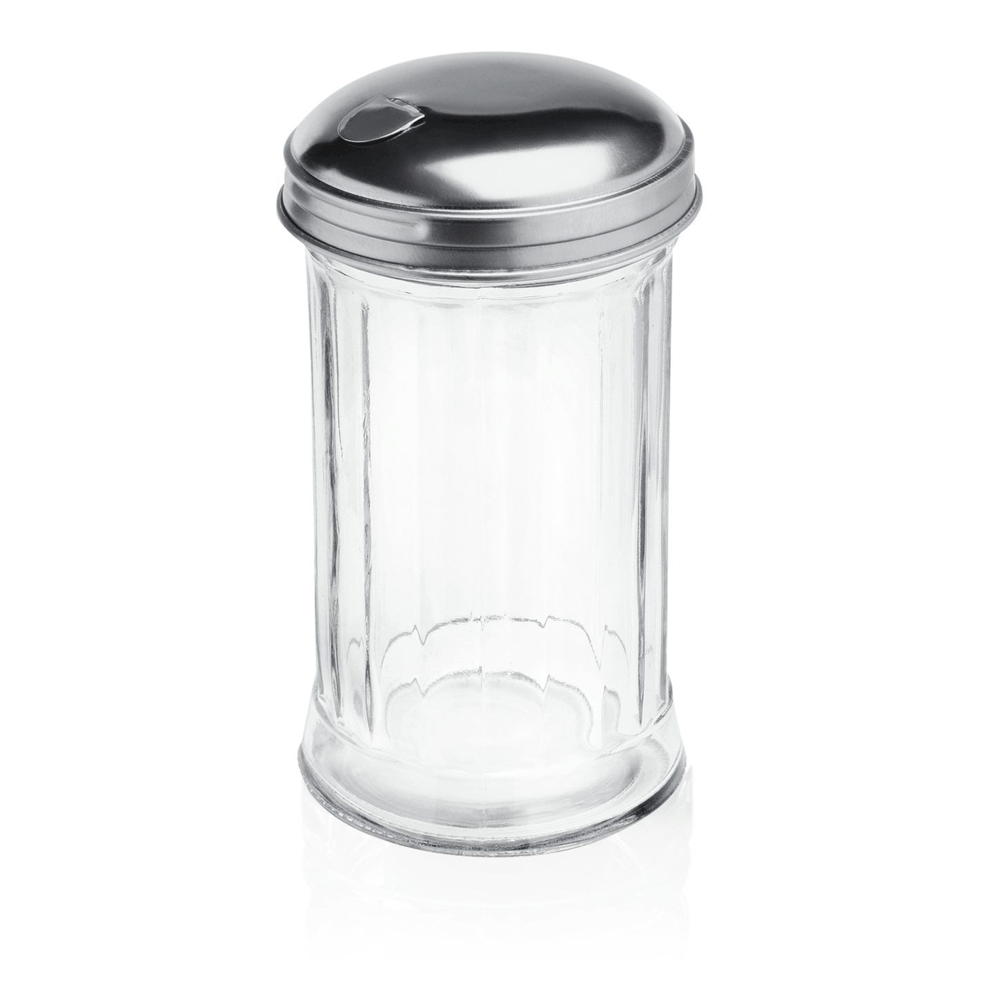 Zuckerstreuer aus Glas und Metall.