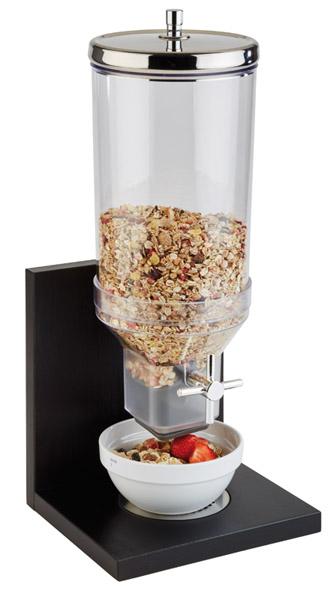 Müsli-Spender mit Schüssel darunter.