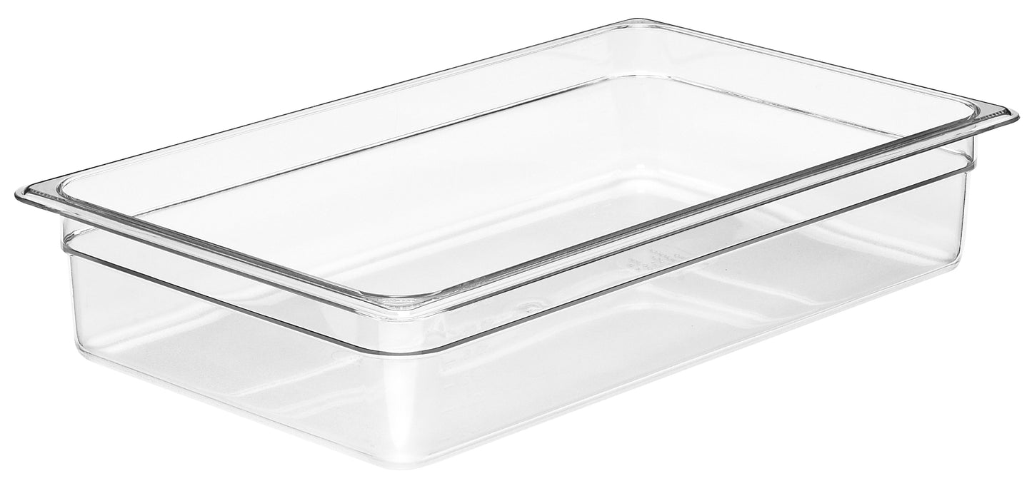 Transparente GN-Behälter aus Kunststoff.