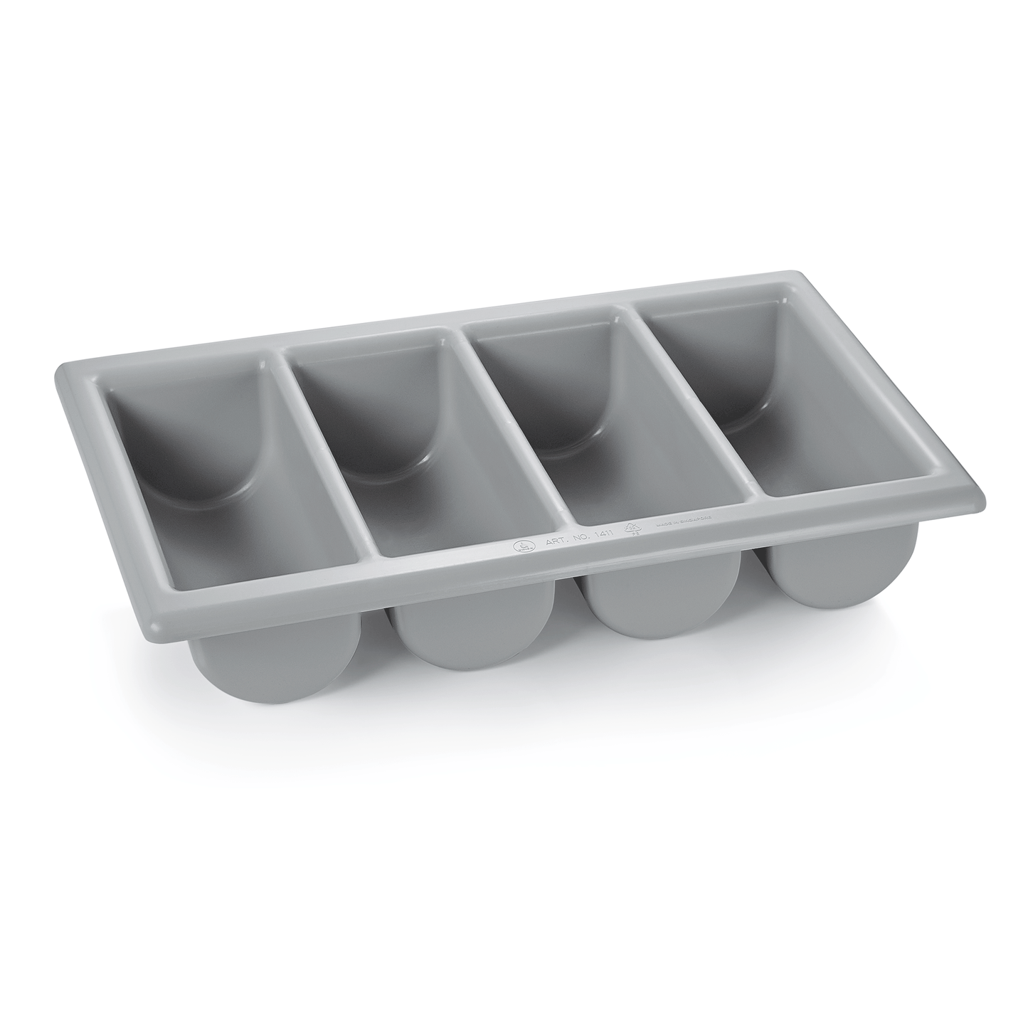 Graue Eiswürfelform mit vier Fächern.
