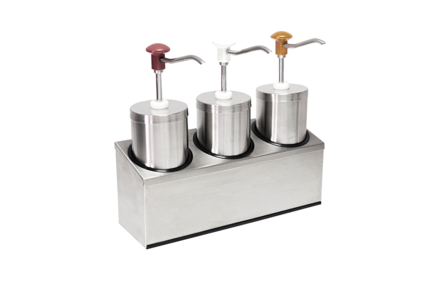 Drei Edelstahl-Pumpbehälter für Saucen.