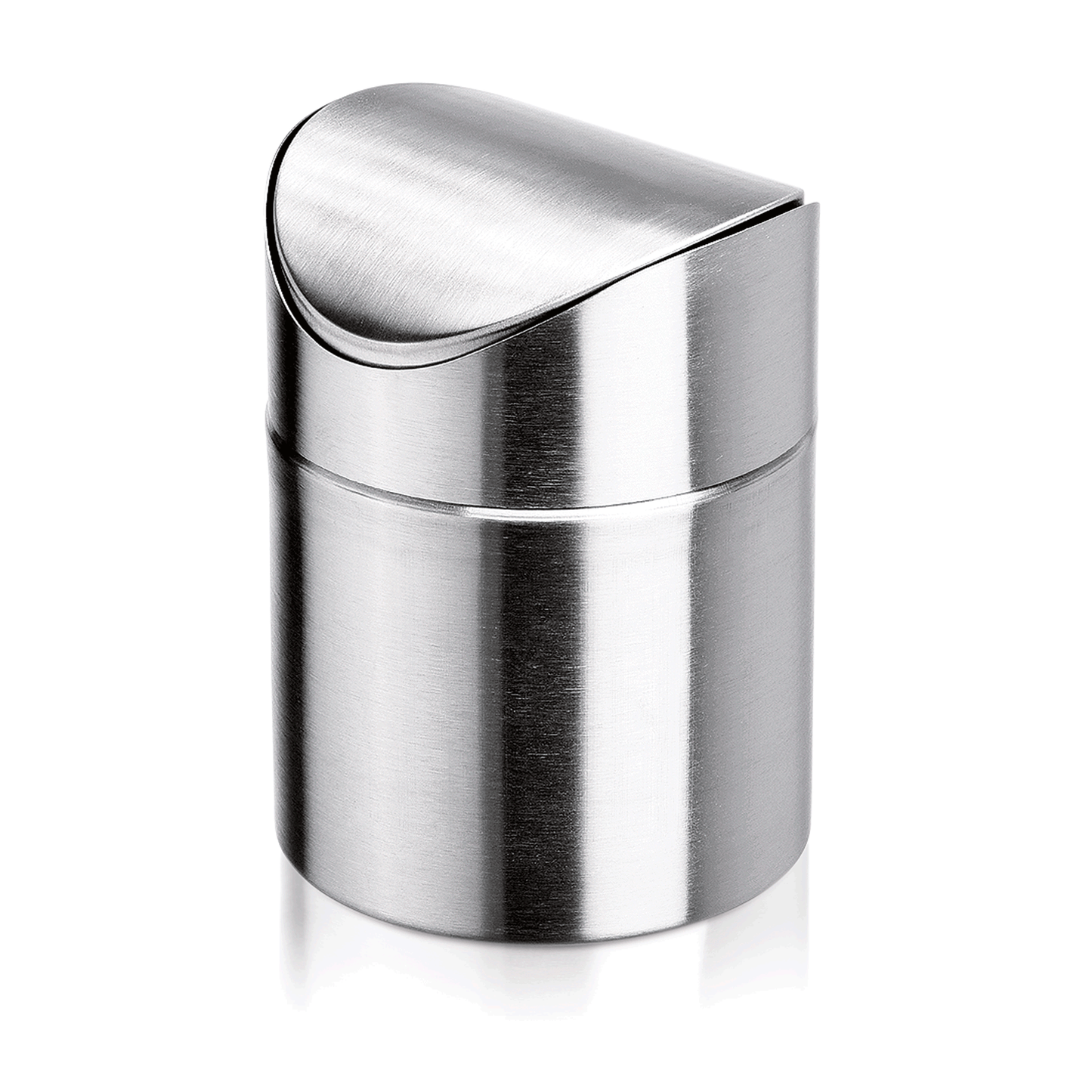 Silberner Tischabfalleimer aus Metall.