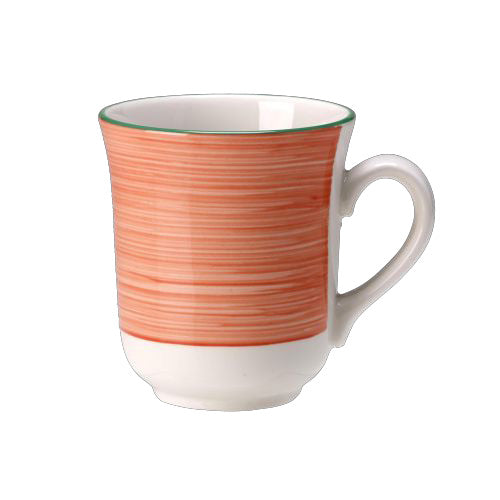 Weiße Tasse mit rotem Muster.