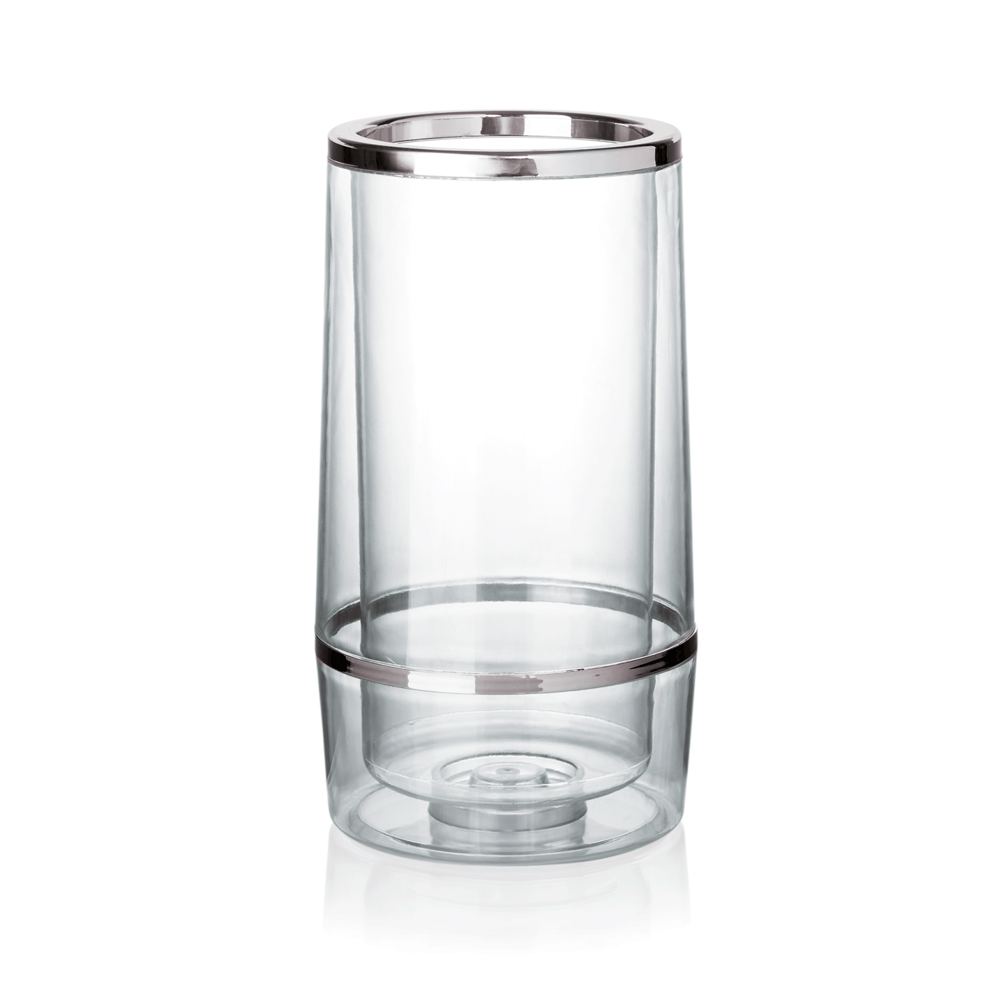Transparenter Eiskübel mit silbernem Rand.