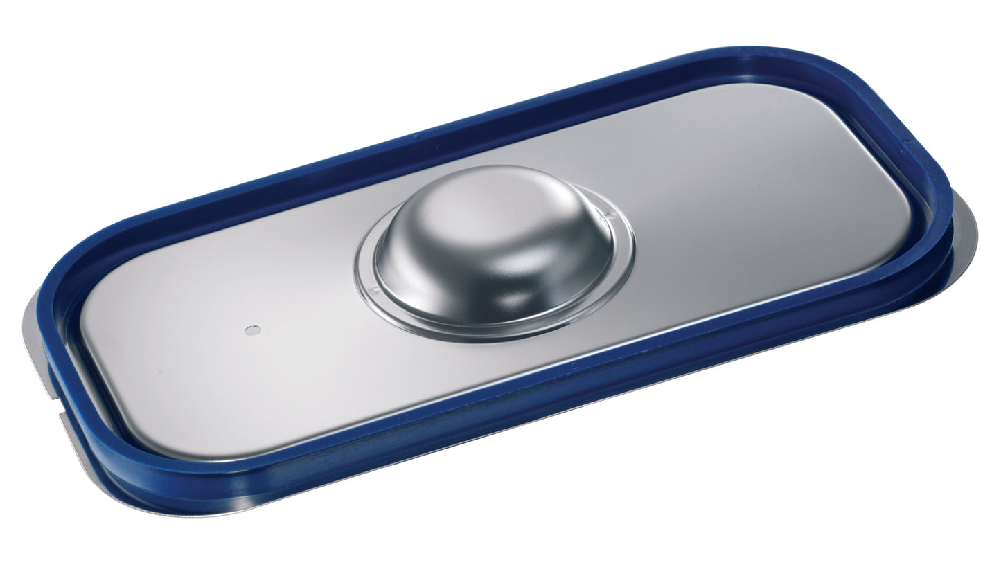 Metallischer Deckel mit blauem Rand.