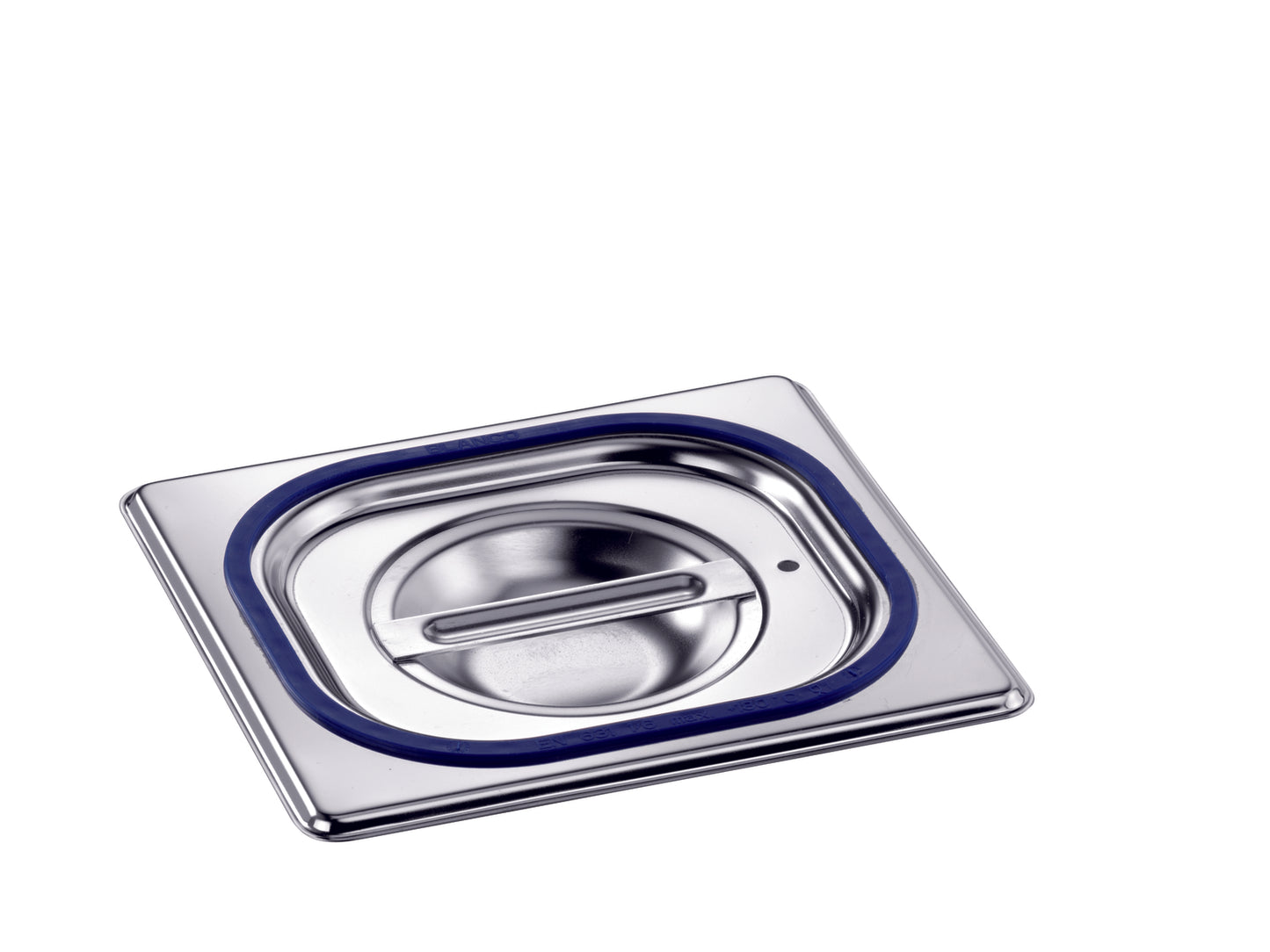 Edelstahl-Deckel mit blauer Dichtung.