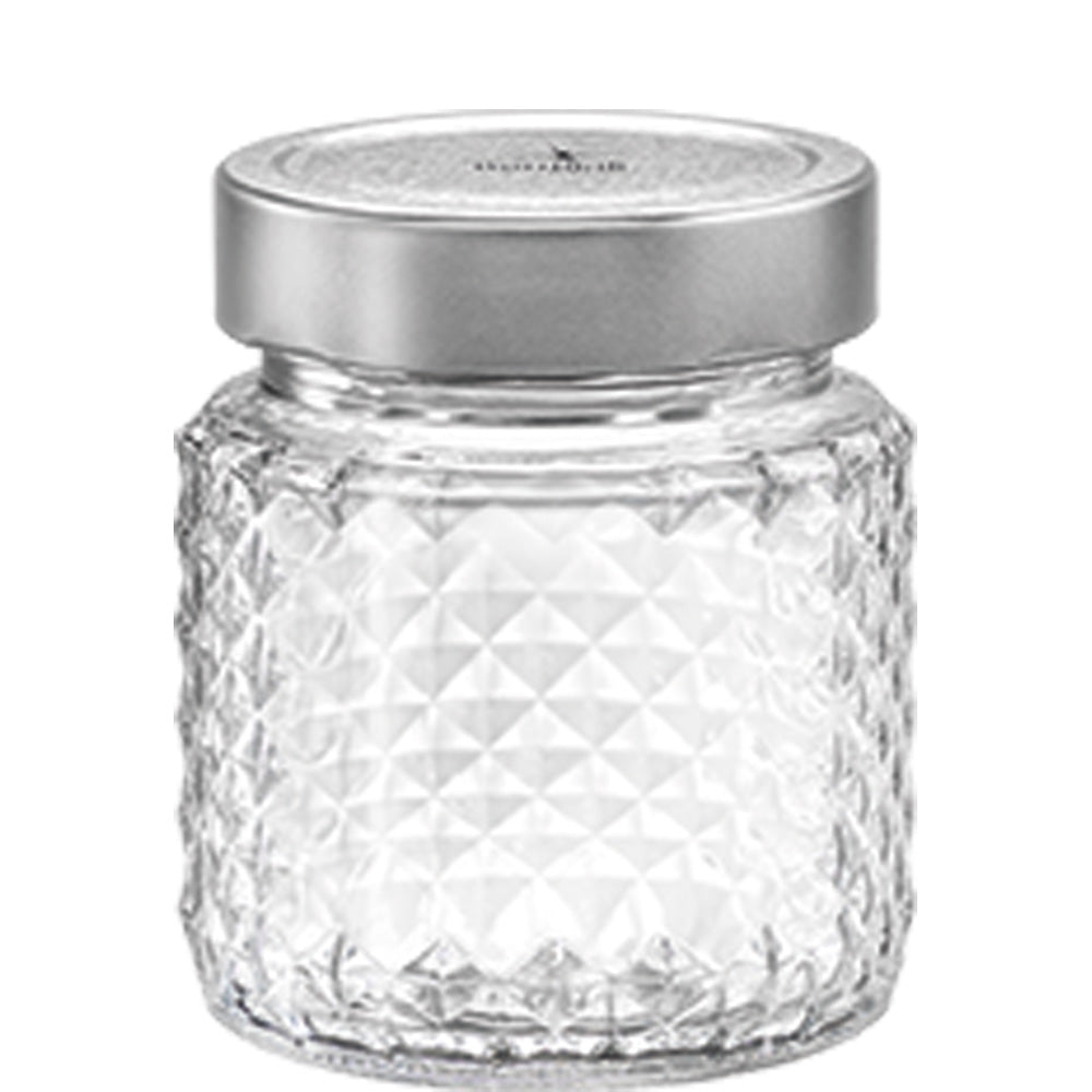 Glasbehälter mit silbernem Deckel.