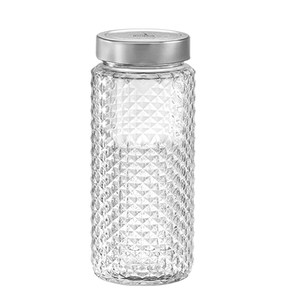 Glasbehälter mit silbernem Deckel.