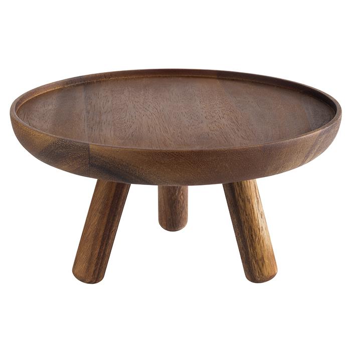 Holztablett auf drei Beinen.