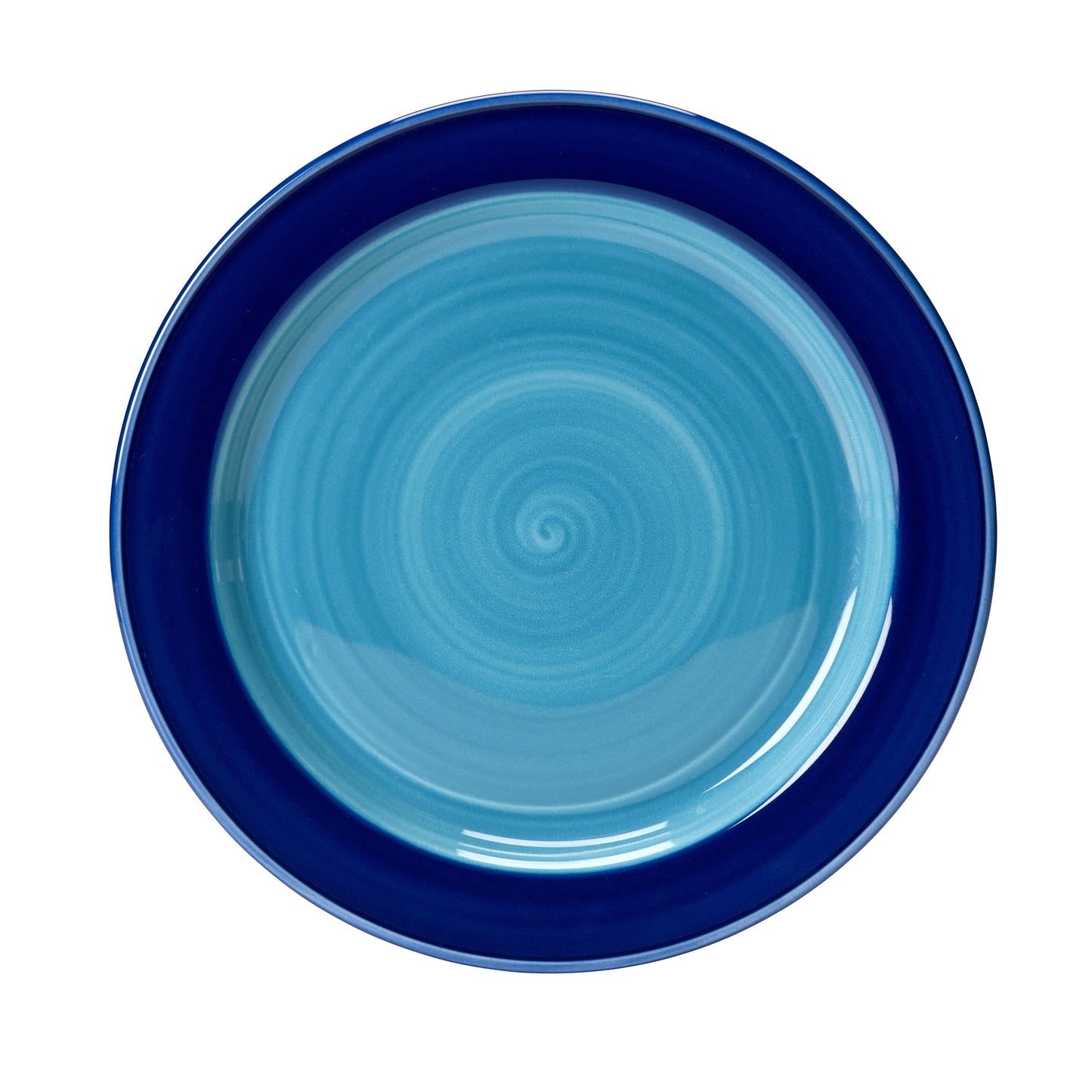 Blauer Teller mit spiralförmigem Muster.