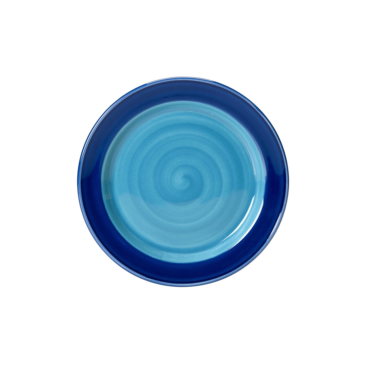 Blauer Teller mit Spiralmuster.