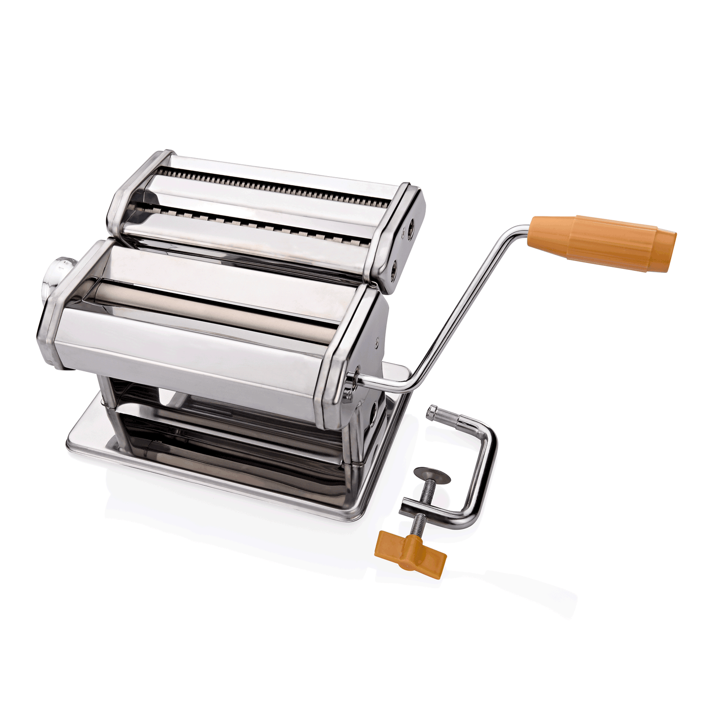 Nudelmaschine aus Edelstahl mit Kurbel.
