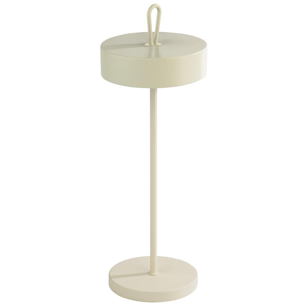 Beige Tischlampe mit Griff oben.