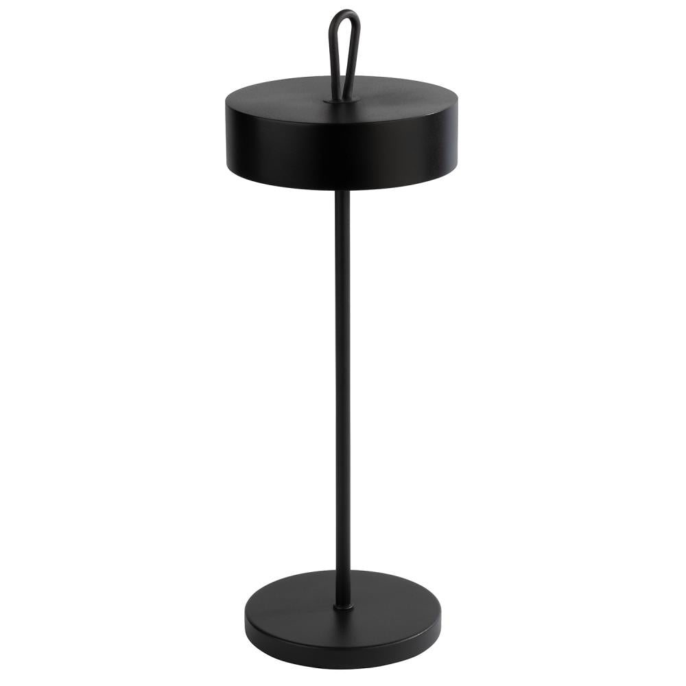 Schwarze Tischlampe mit Griff.
