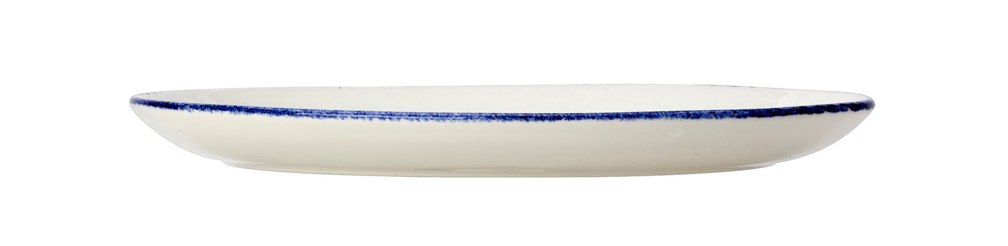 Weißer Teller mit blauem Rand.