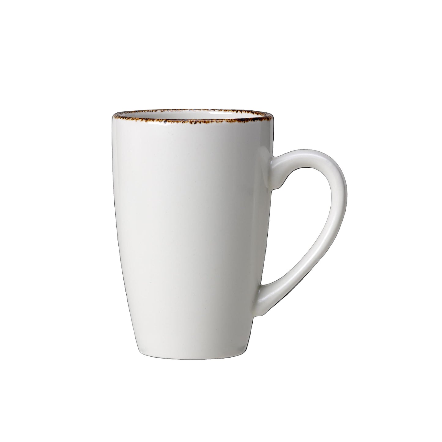 Weiße Tasse mit Henkel.