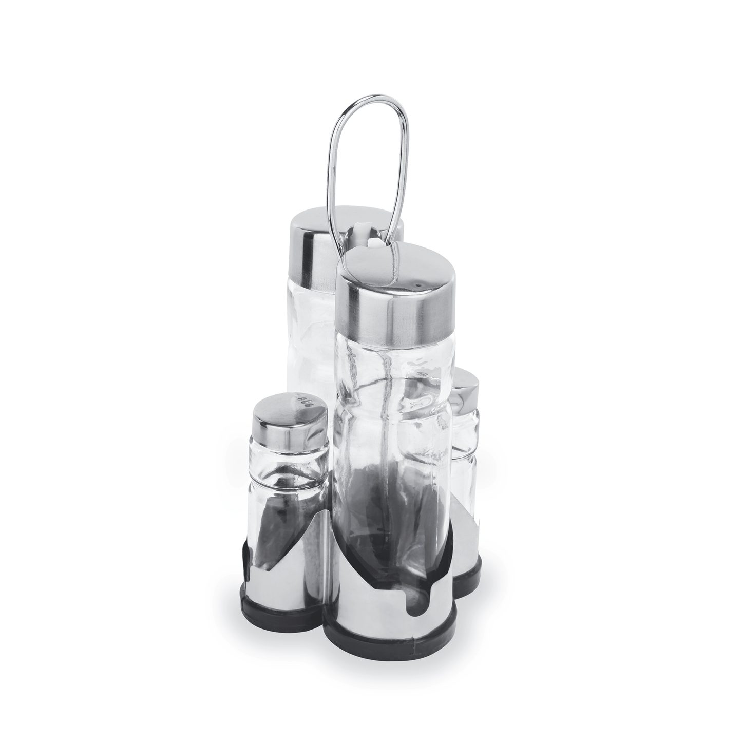 Gewürzständer mit Glasbehältern.