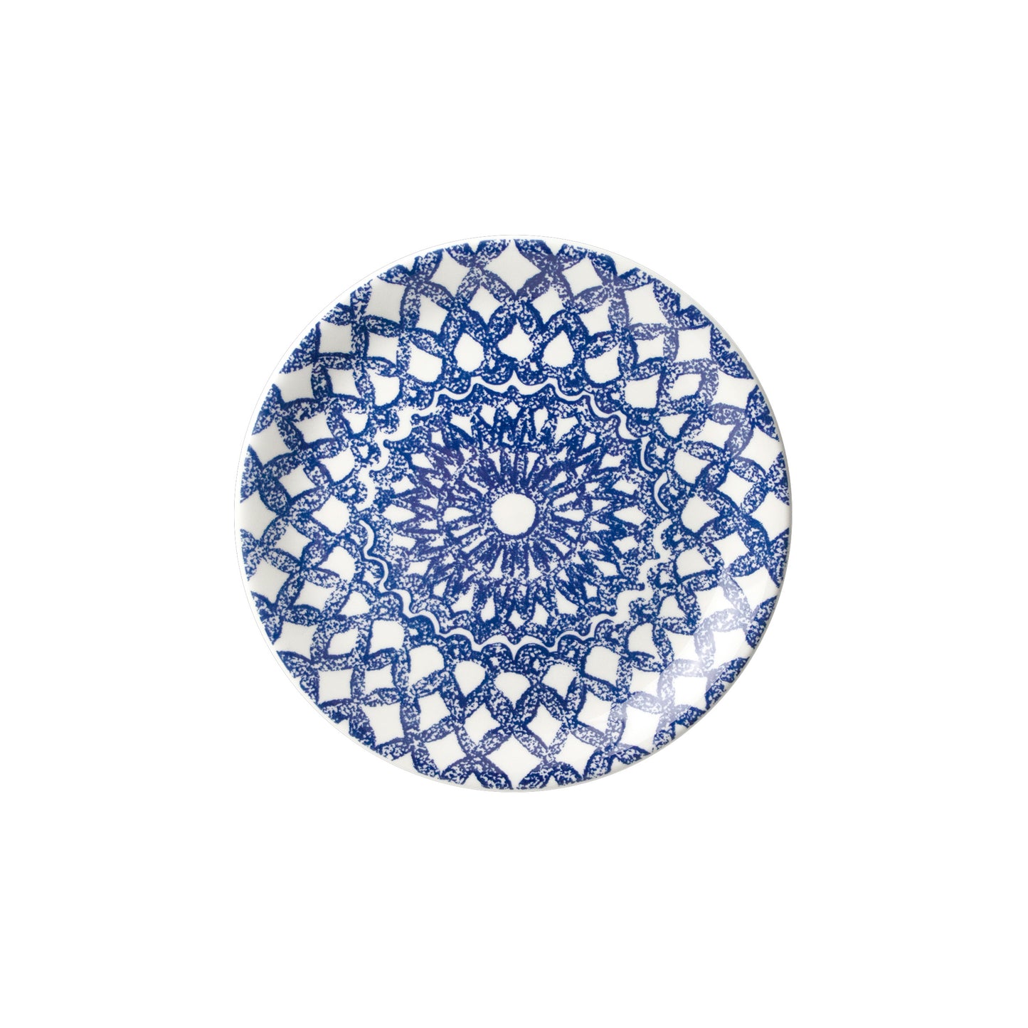 Blauer Teller mit geometrischem Muster.