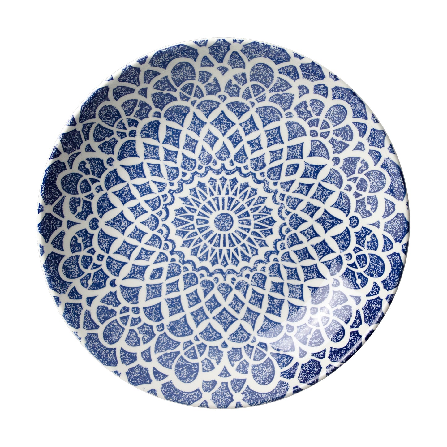 Blauer Teller mit Mandala-Muster.
