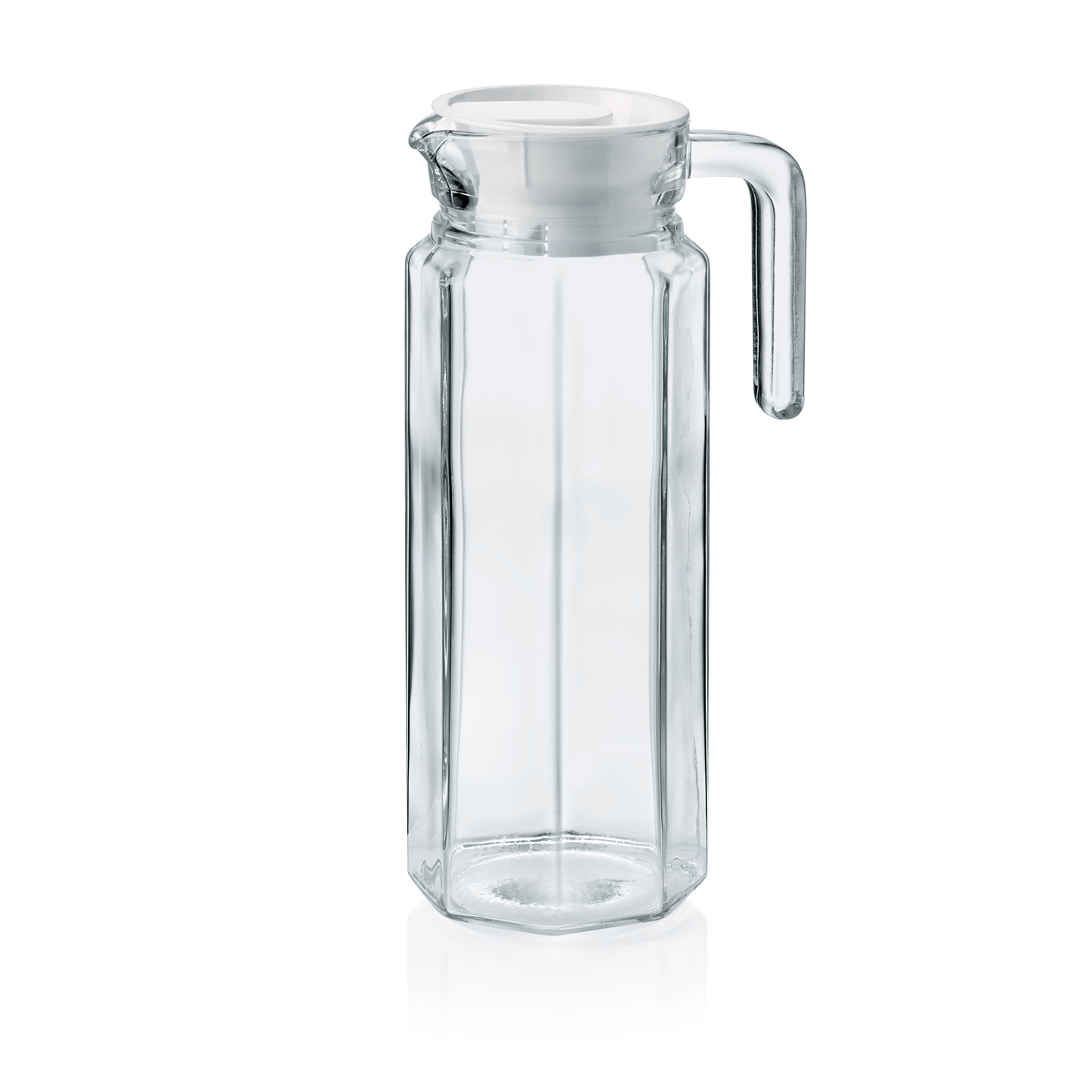 Glaskaraffe mit Deckel und Henkel.