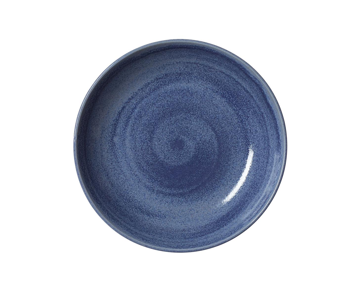 Blauer Teller mit spiralförmigem Muster.