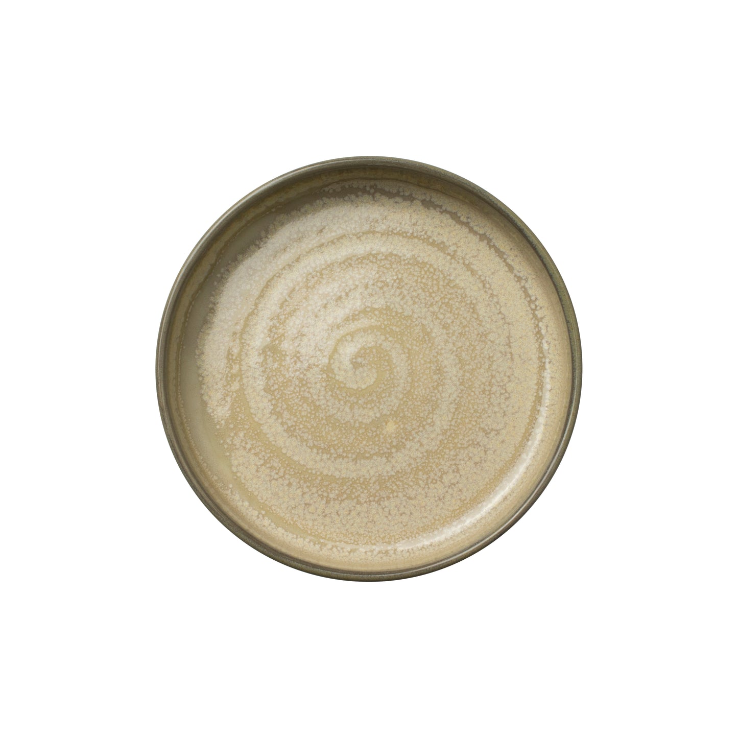 Beiger Teller mit Spiraldesign.