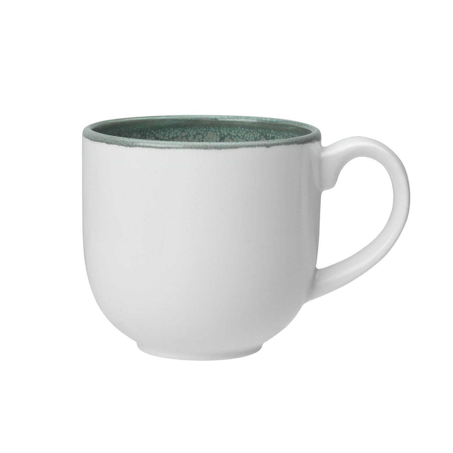 Weiße Tasse mit grünem Rand.