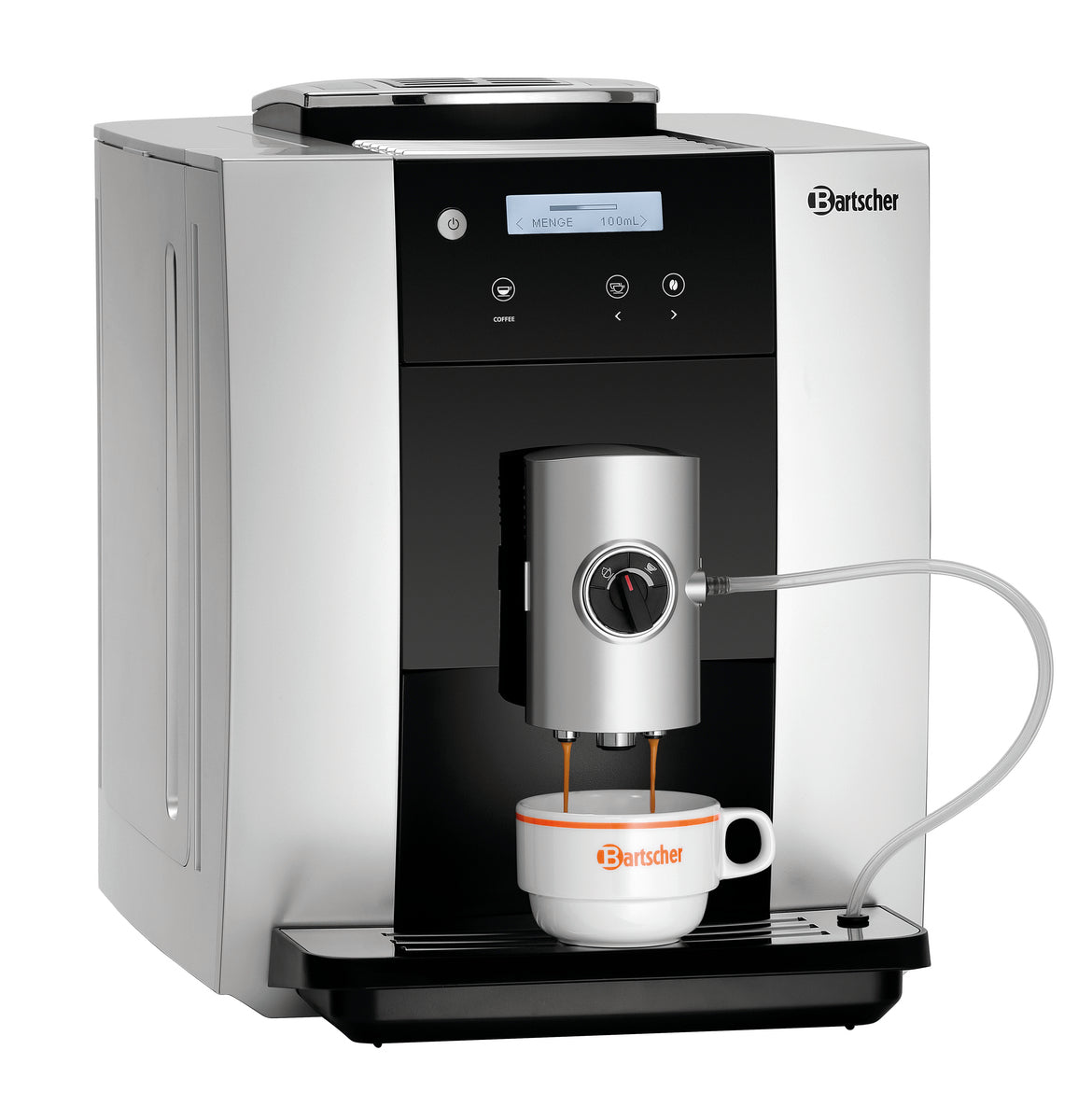 Kaffeemaschine mit Tasse darunter.