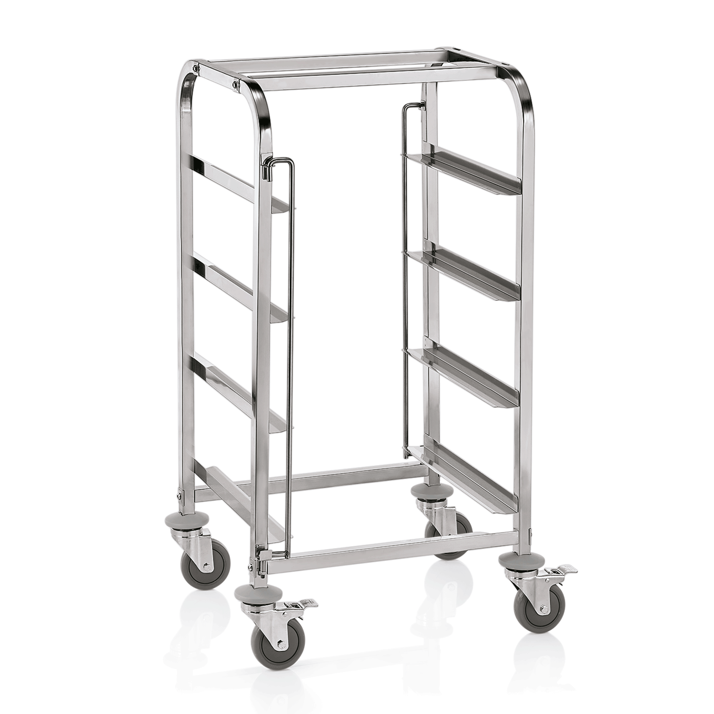 Metallischer Servierwagen mit Rollen.