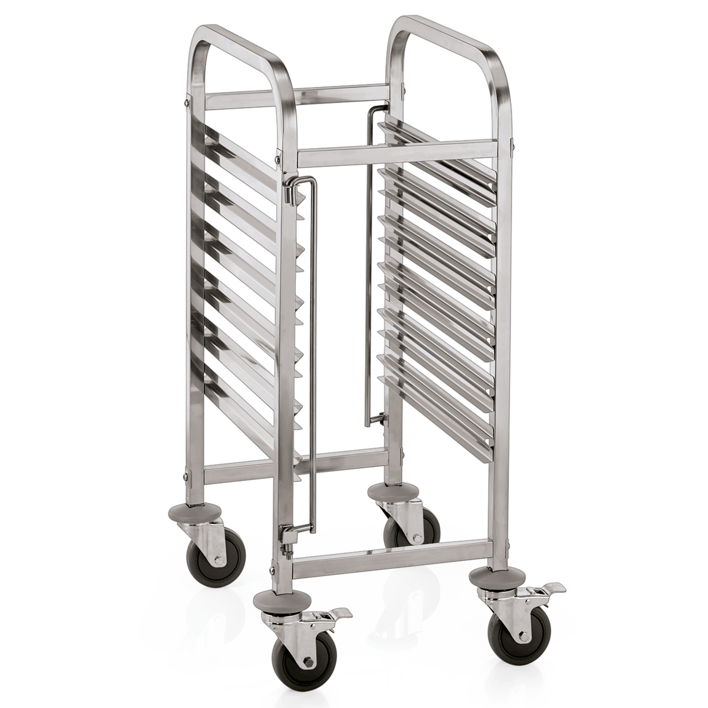 Metallischer Servierwagen mit Rollen.
