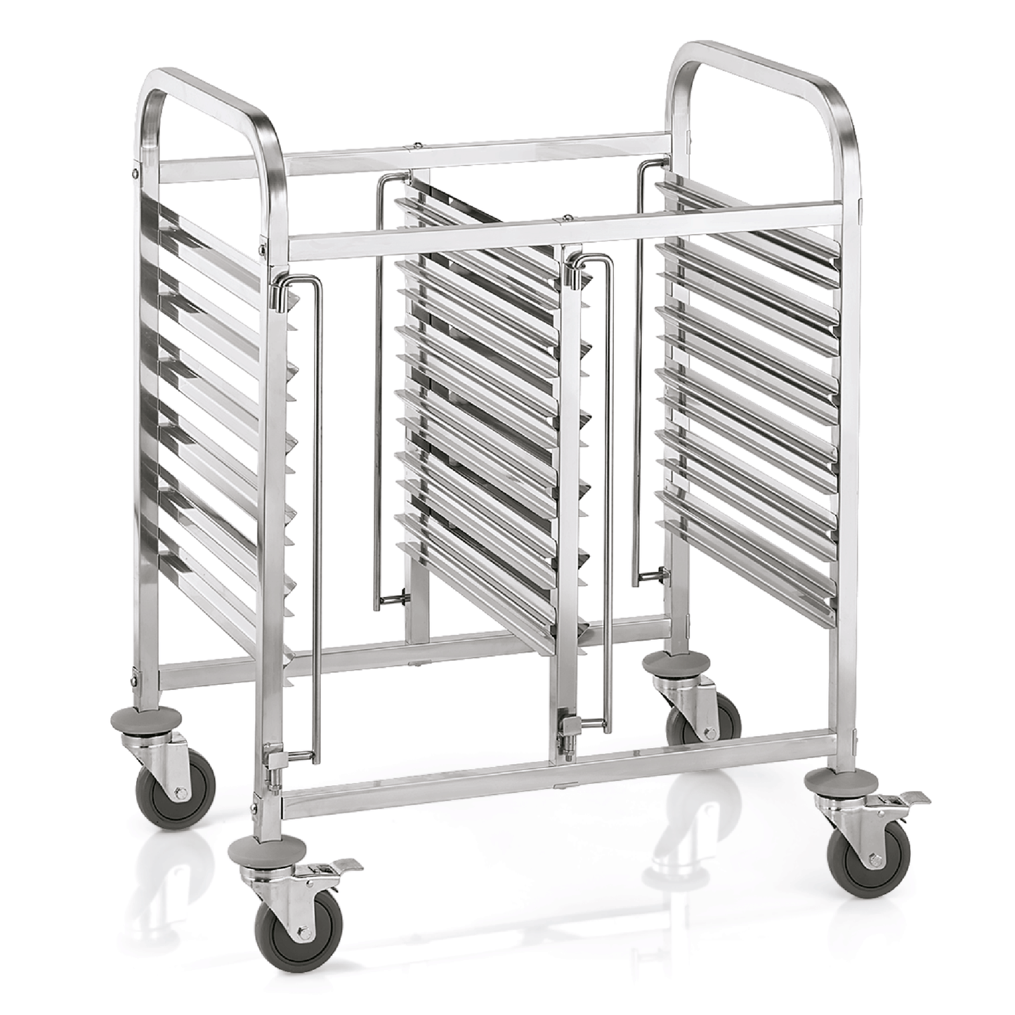 Metallischer Servierwagen mit Rollen.