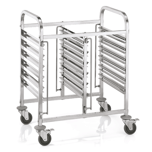 Metallischer Servierwagen mit Rollen.