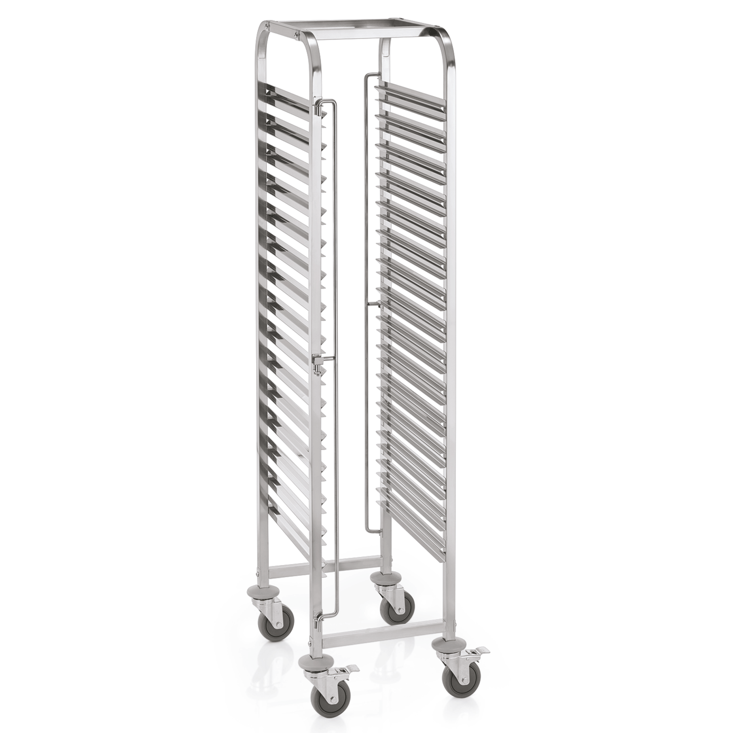 Metallischer Bäckereiwagen mit Rollen.