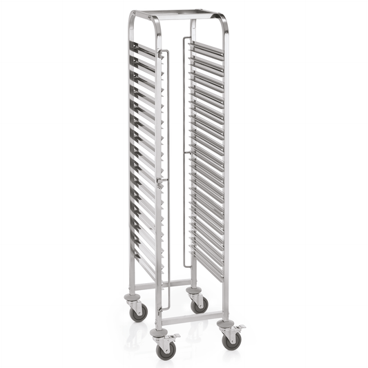 Metallischer Bäckereiwagen mit Rollen.