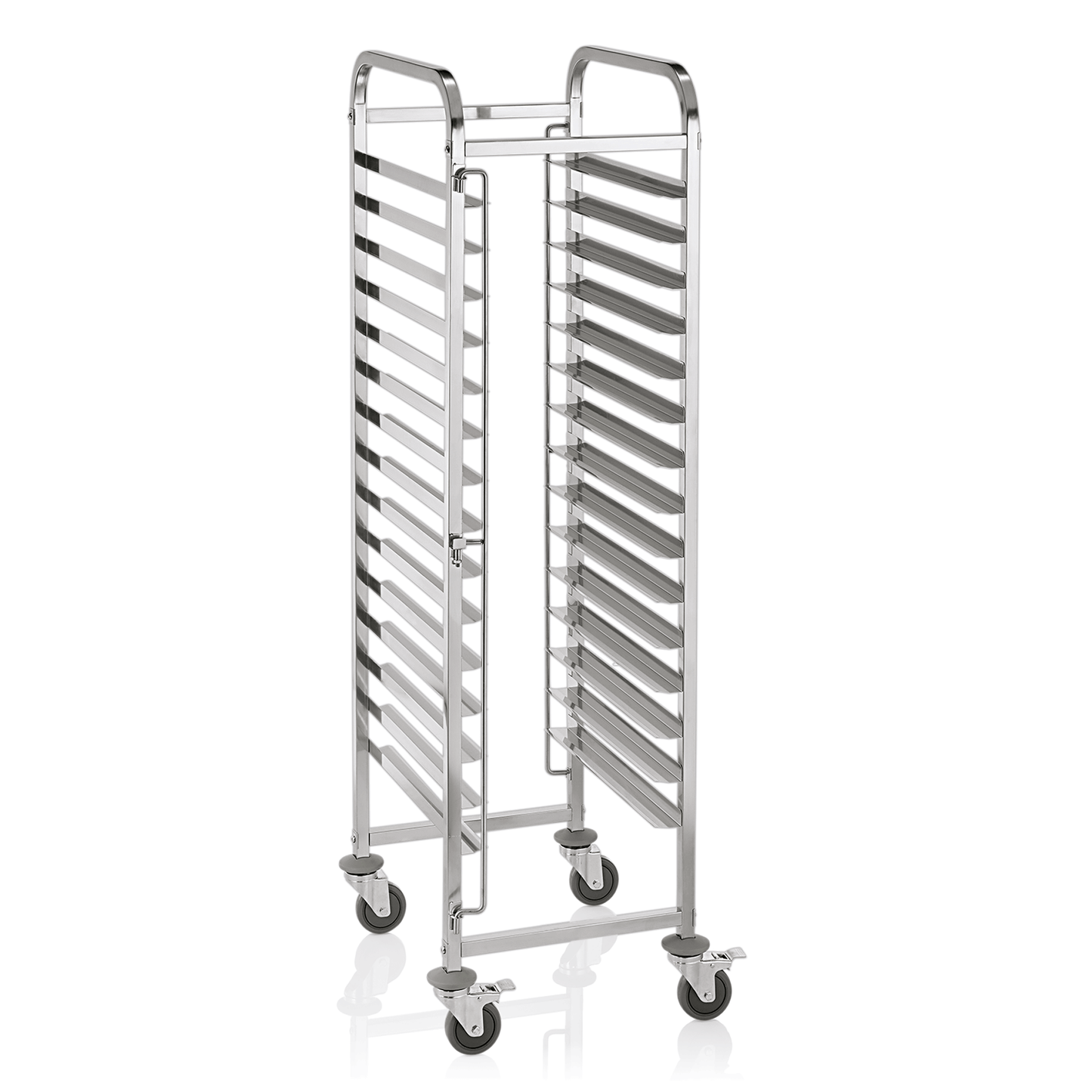 Metallischer Bäckereiwagen mit Rollen.