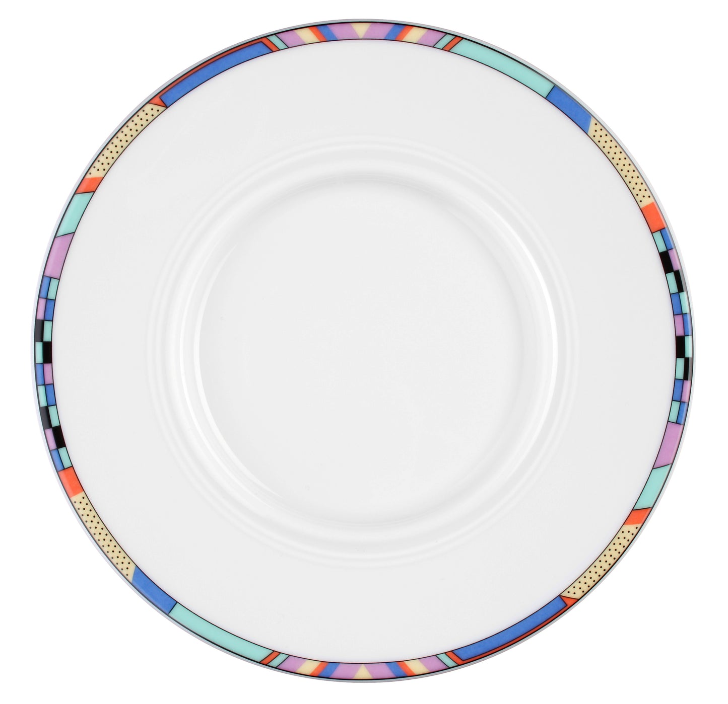 Leerer, bunter Gastronomie-Teller oben.
